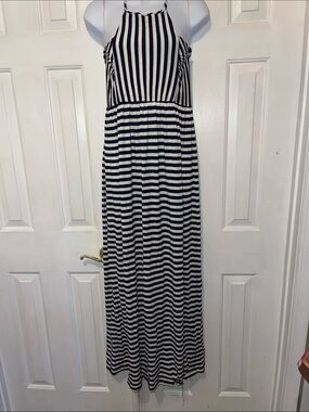 Striped Navy and White Halter Maxi Dress